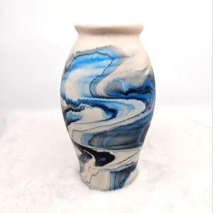 Nemadji Pottery Vase, Blue Swirl, Vintage, Canoe Stamp